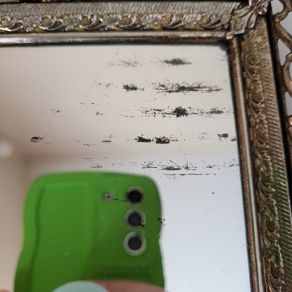 Vintage Ornate Openwork Brass Tone Metal Mirrored Vanity Tray - Picture 6 of 16